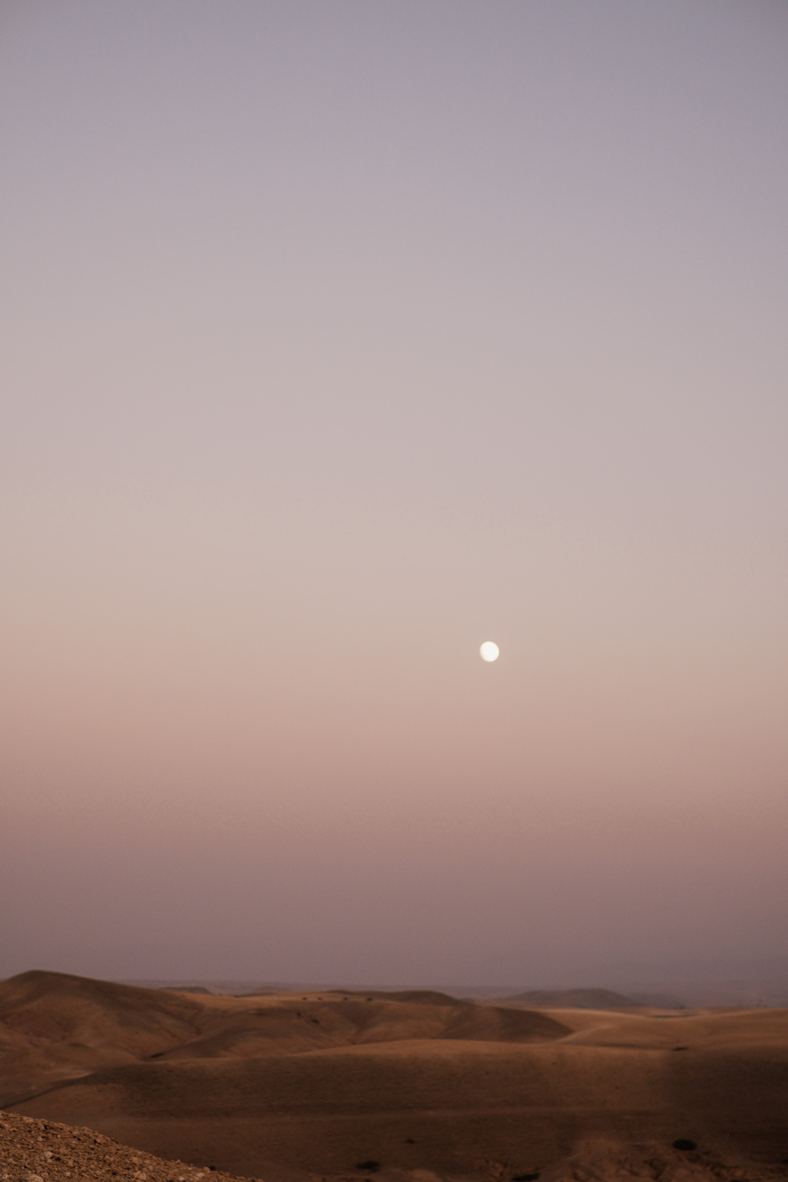 A serene desert landscape at dusk with a full moon rising in a pastel sky, showcasing soft pink and purple hues over rolling sand dunes.