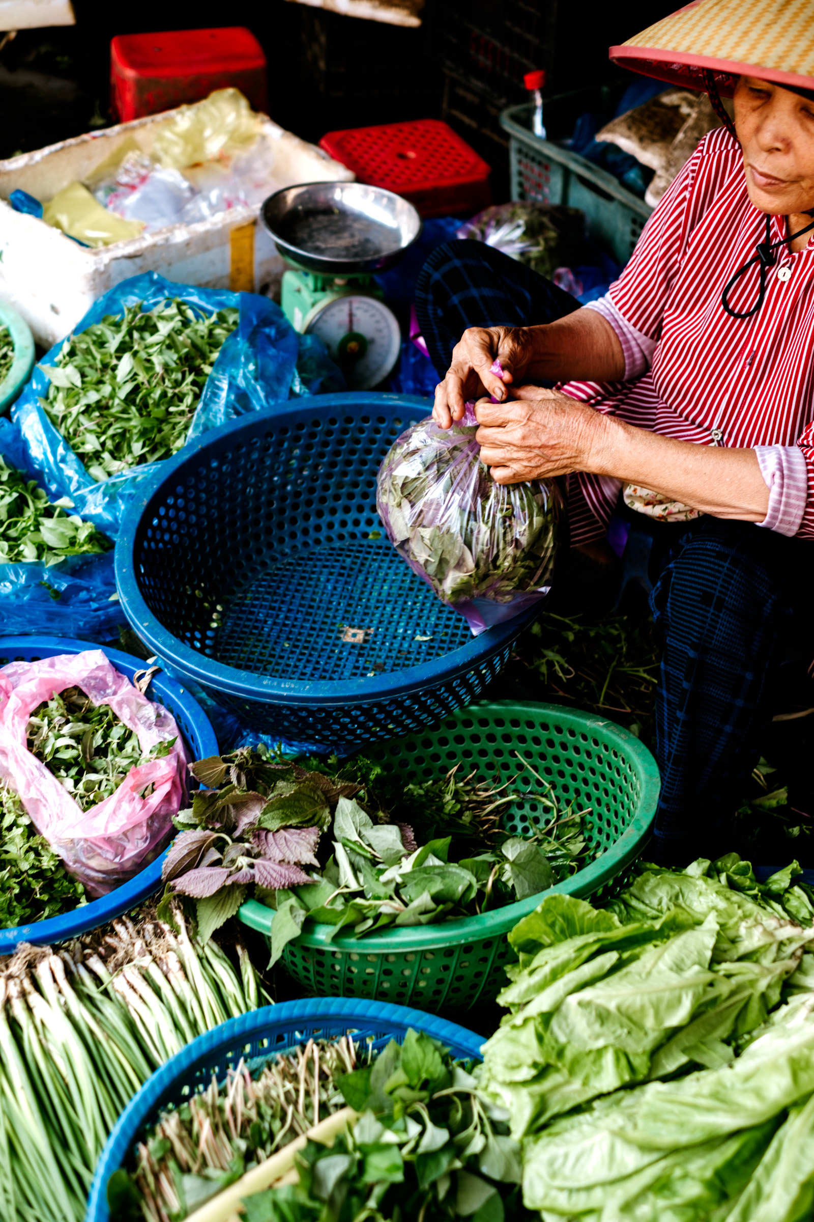 An elderly woman in a straw hat sorts fresh herbs and greens at a vibrant market, surrounded by colorful baskets filled with various vegetables.