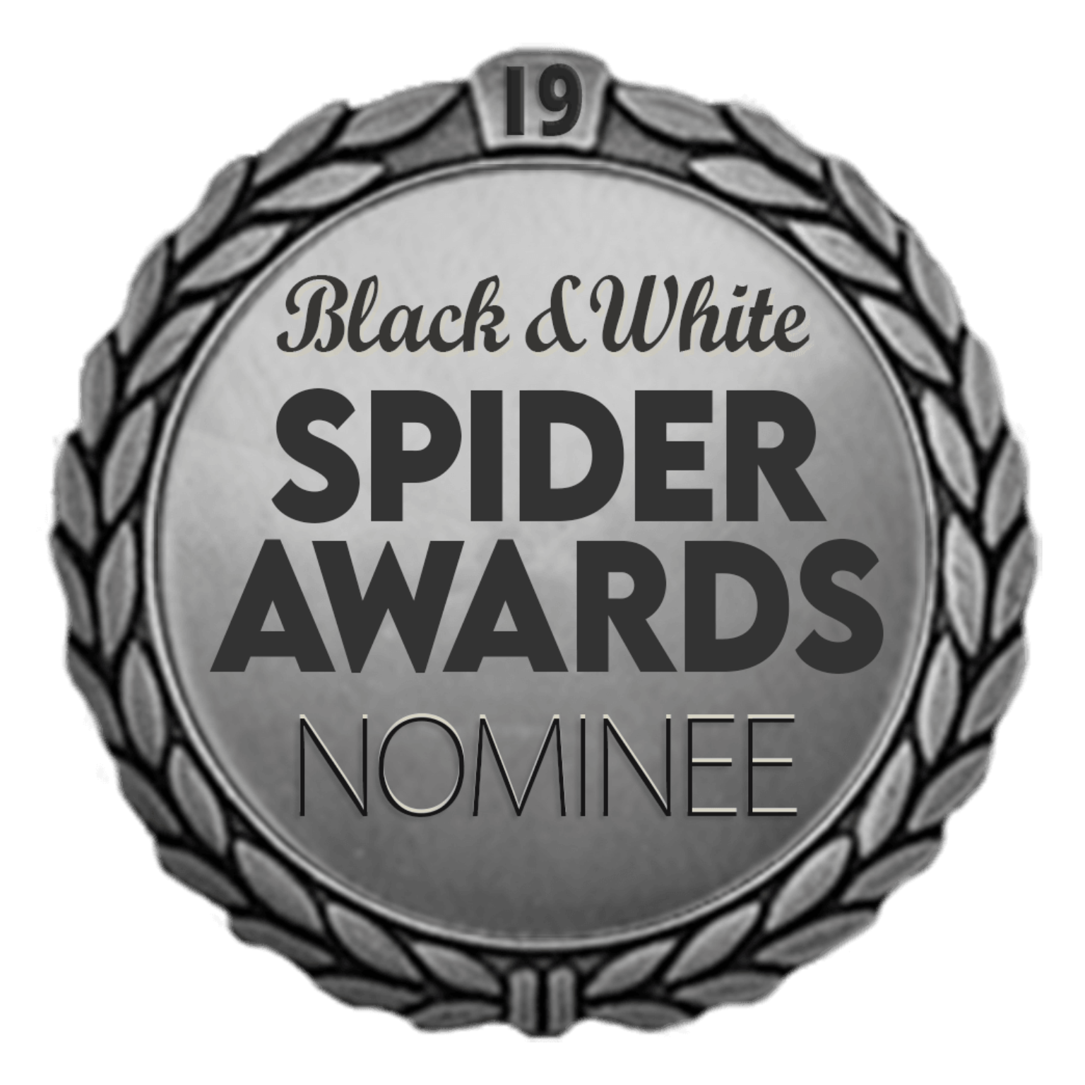 A silver medal emblem for the Black & White Spider Awards, featuring the word 'NOMINEE' prominently displayed.