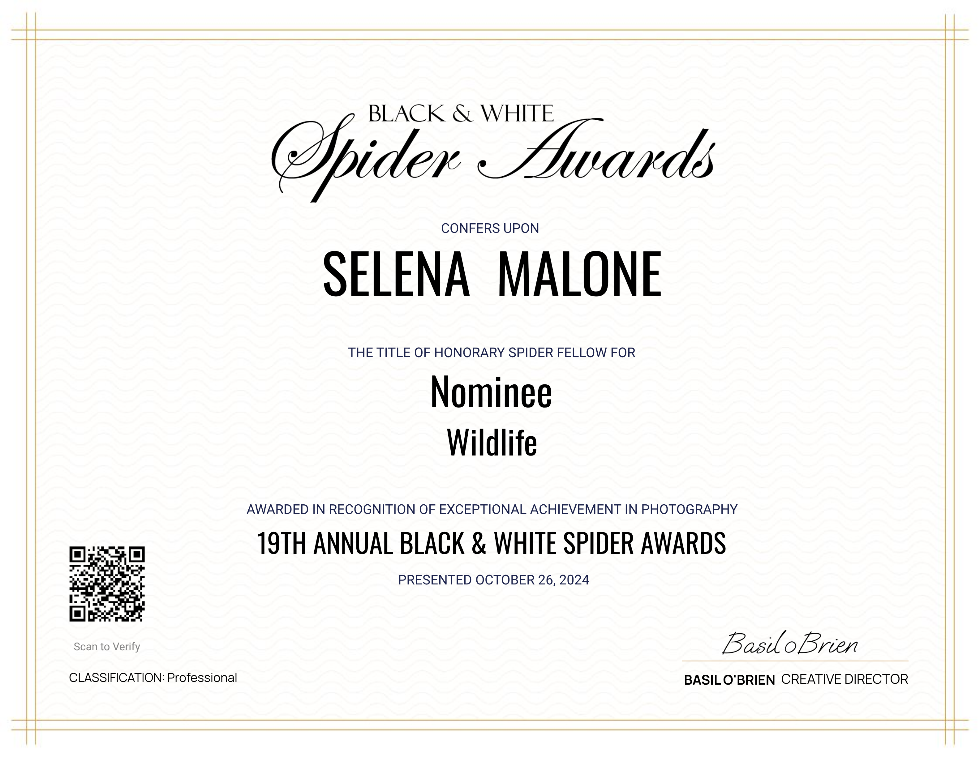 A certificate awarded to Selena Malone for the 19th Annual Black & White Spider Awards, recognizing her as a Nominee in the Wildlife category.