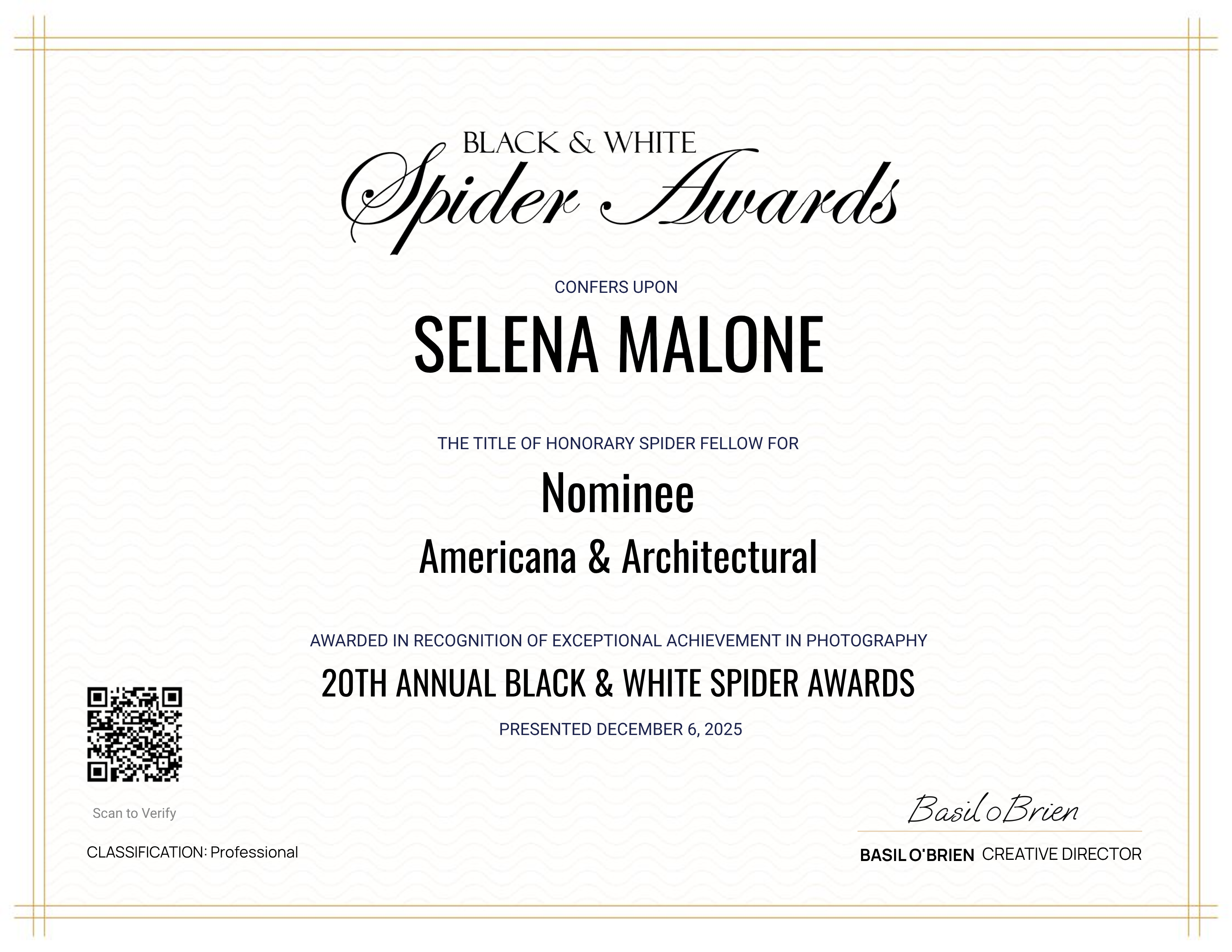 A certificate awarded to Selena Malone for being a nominee in the 20th Annual Black & White Spider Awards, featuring elegant typography and a QR code.