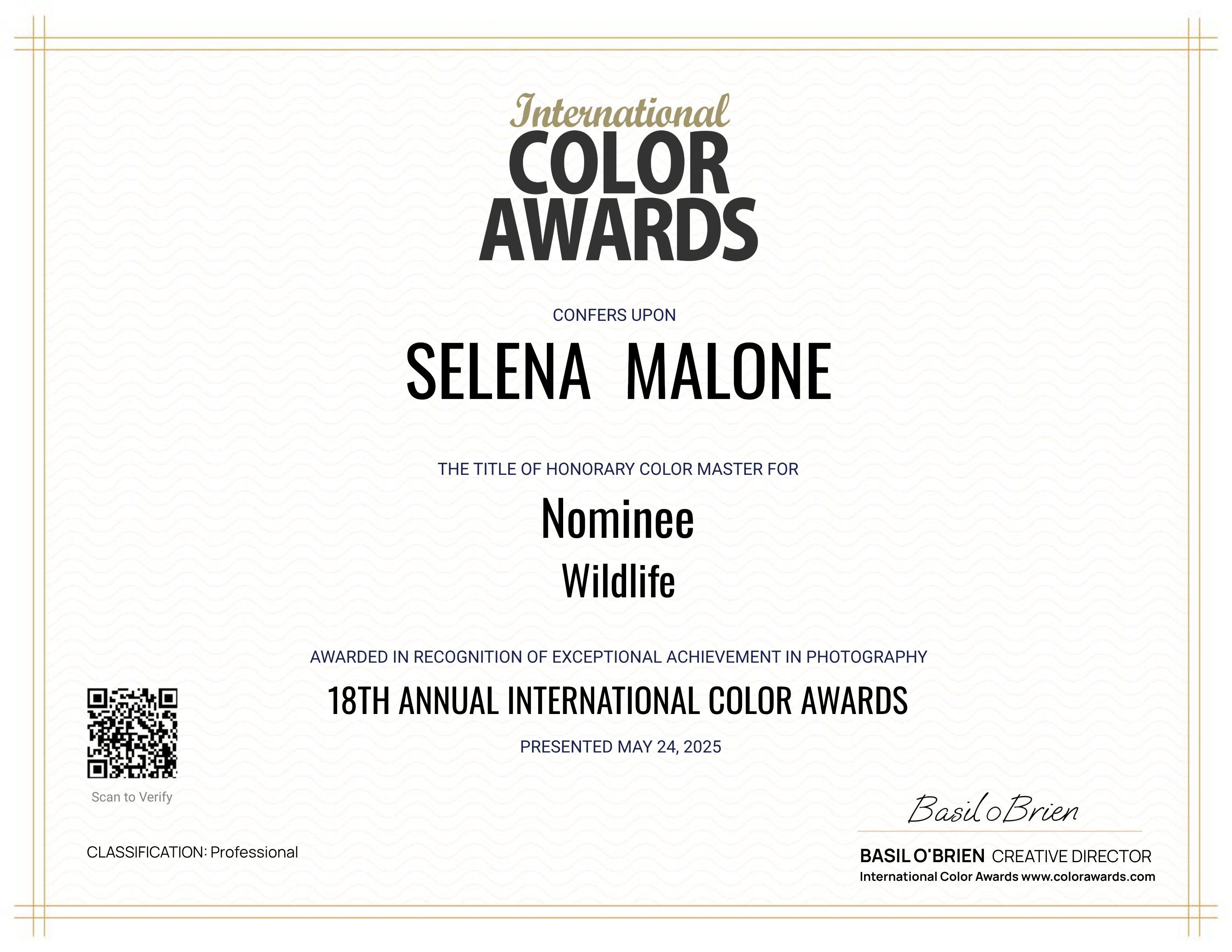 Certificate awarded to Selena Malone for being a nominee in the 18th Annual International Color Awards, recognizing exceptional achievement in professional photography.